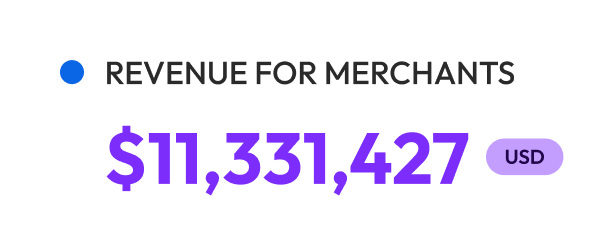 Revenue figure for merchants displayed with a dollar sign and 'USD' label.