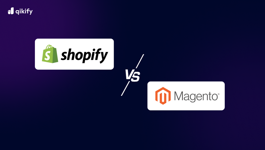 A dark purple background with Shopify logo and Magento logo as a comparison
