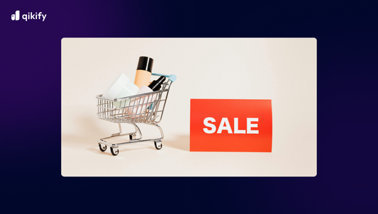 Small shopping cart with a bottle and a 'SALE' sign on a light background, branded with qikify.