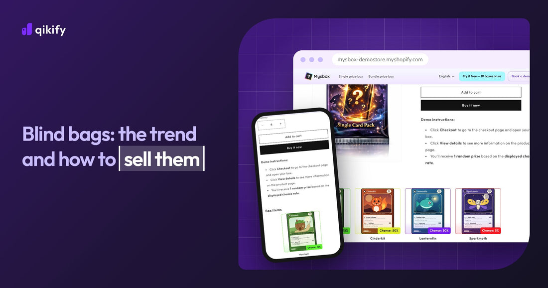 Blind bags: the trend and how to sell them, with a Mysbox mystery pack product page on desktop and mobile