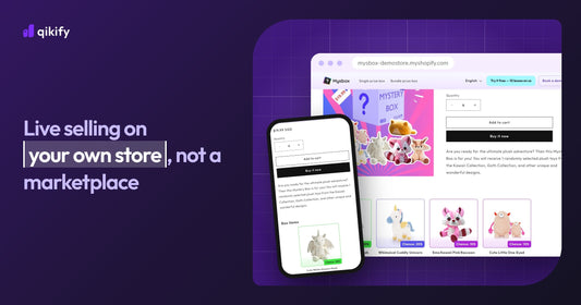 Live selling on your own store, not a marketplace, with a Mysbox mystery box product page on desktop and mobile