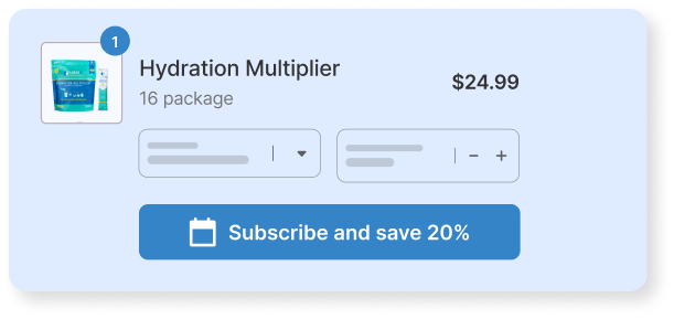 Product packaging with hydration multiplier and subscription offer on a light blue background