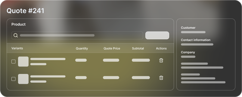Quote form interface with fields for product, variants, quantity, quote price, subtotal, and actions.