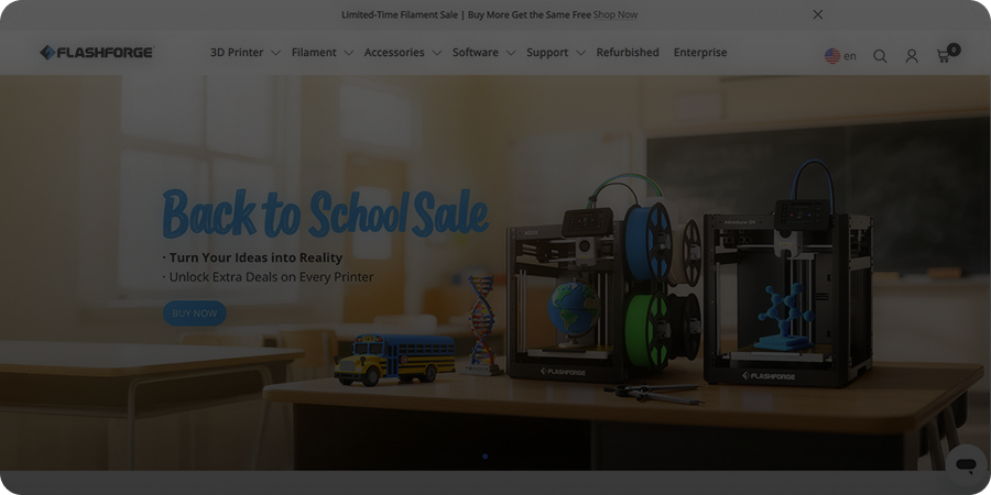 FlashForge website with 3D printers and 'Back to School Sale' text