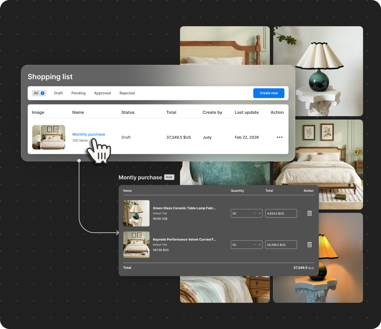 Shopping list interface with images of a bedroom and lamp on a black background