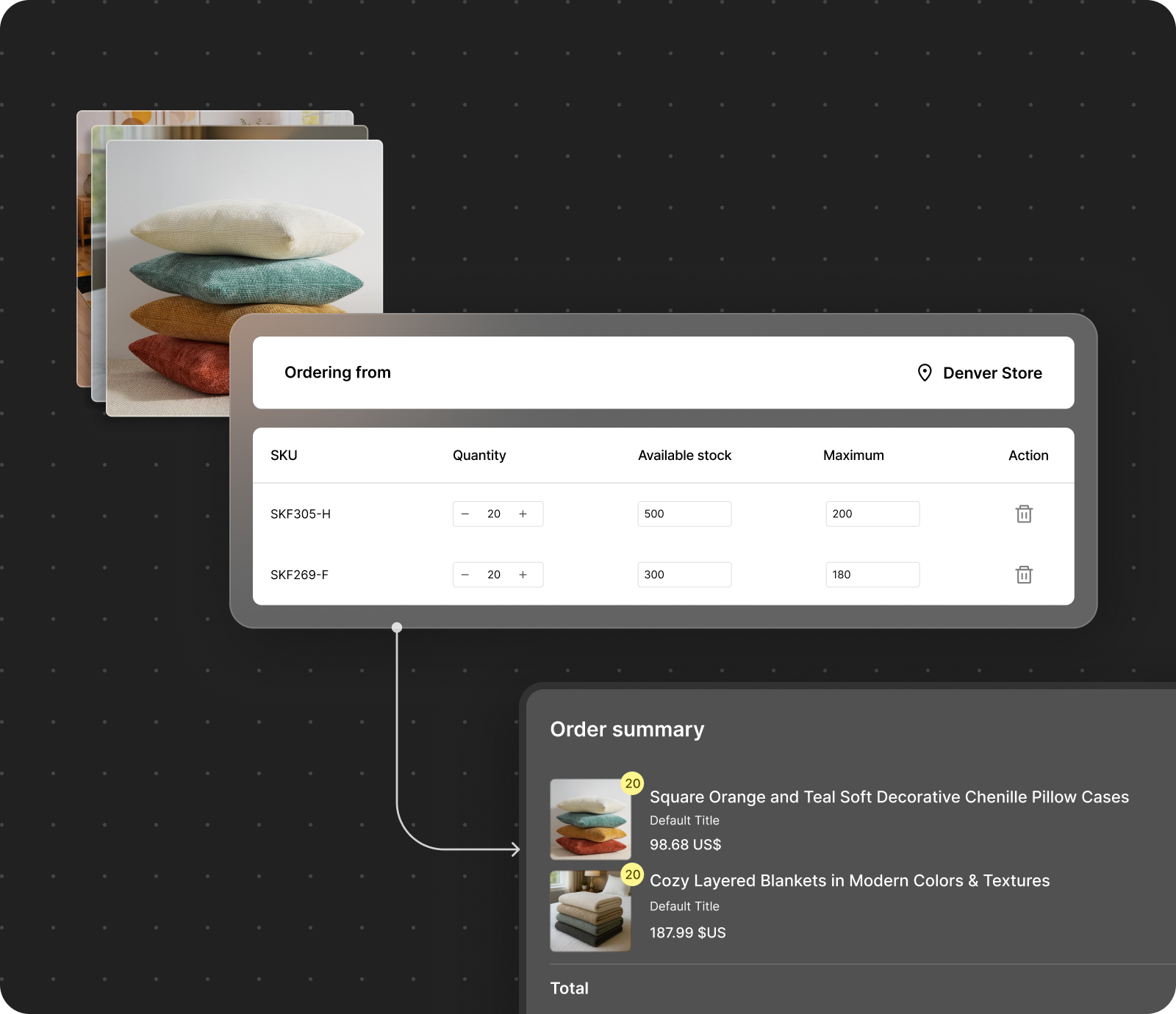 E-commerce interface showing product ordering with a focus on inventory management.
