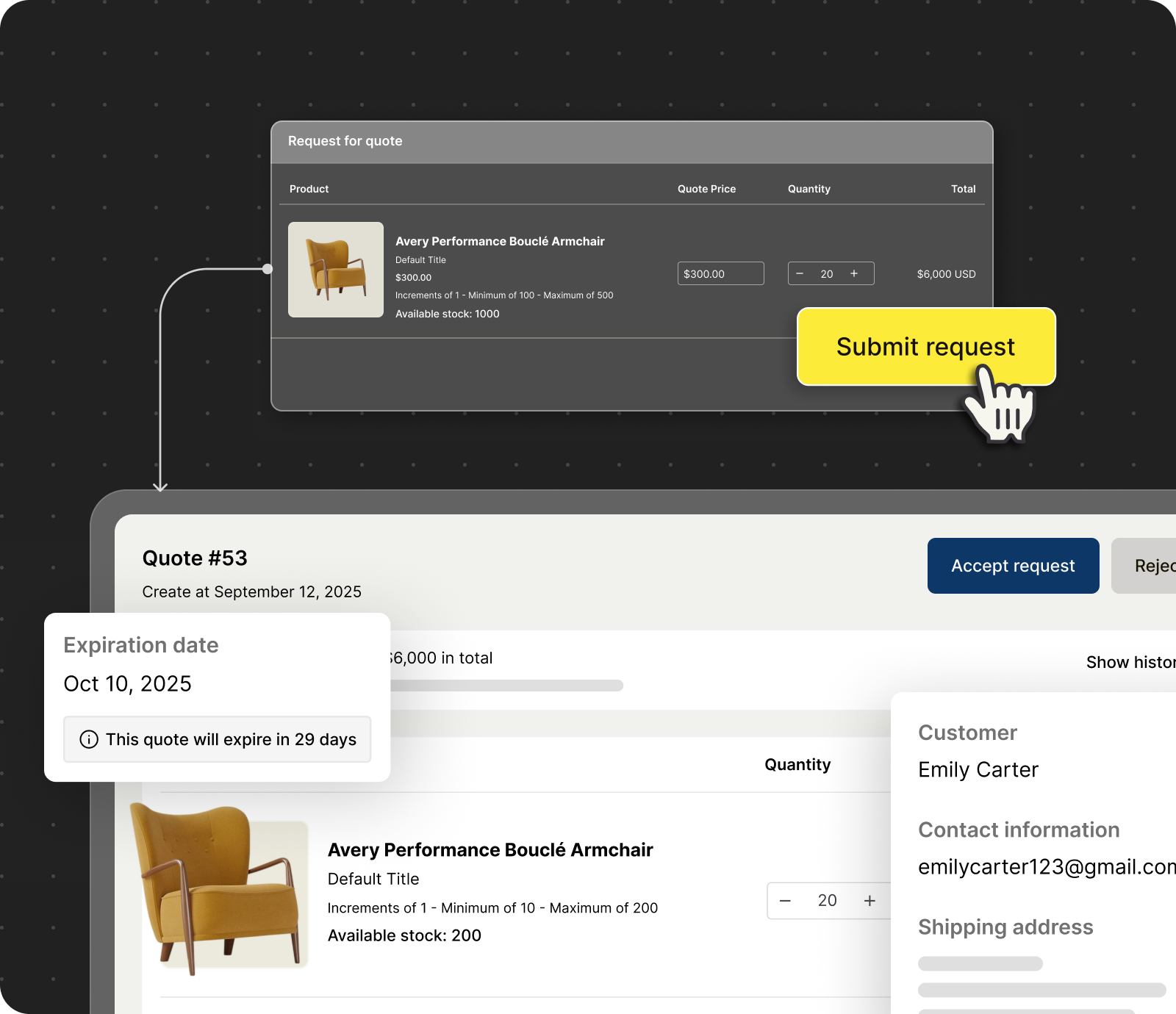 Software interface for requesting a quote with a chair product displayed.