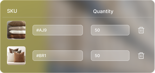 Product quantity selection interface with SKU and quantity input fields on a blurred background
