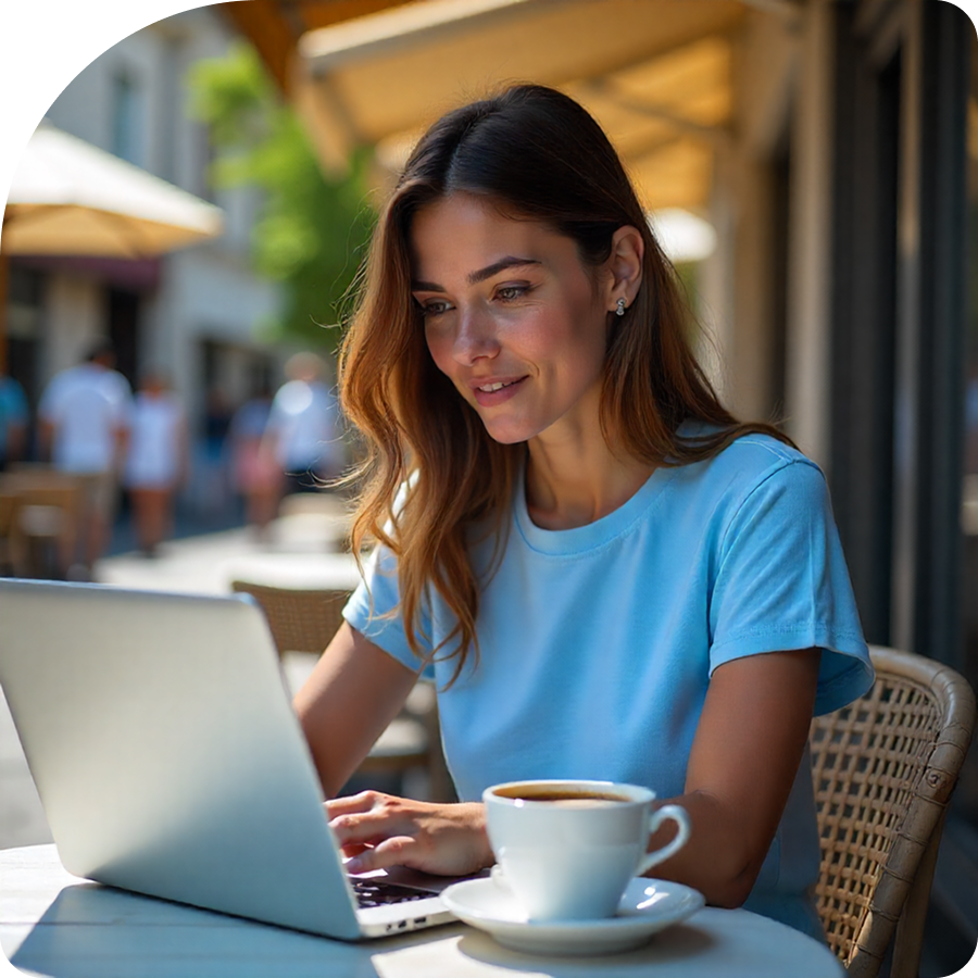 Woman using a laptop with a cup of coffee at an outdoor cafe.