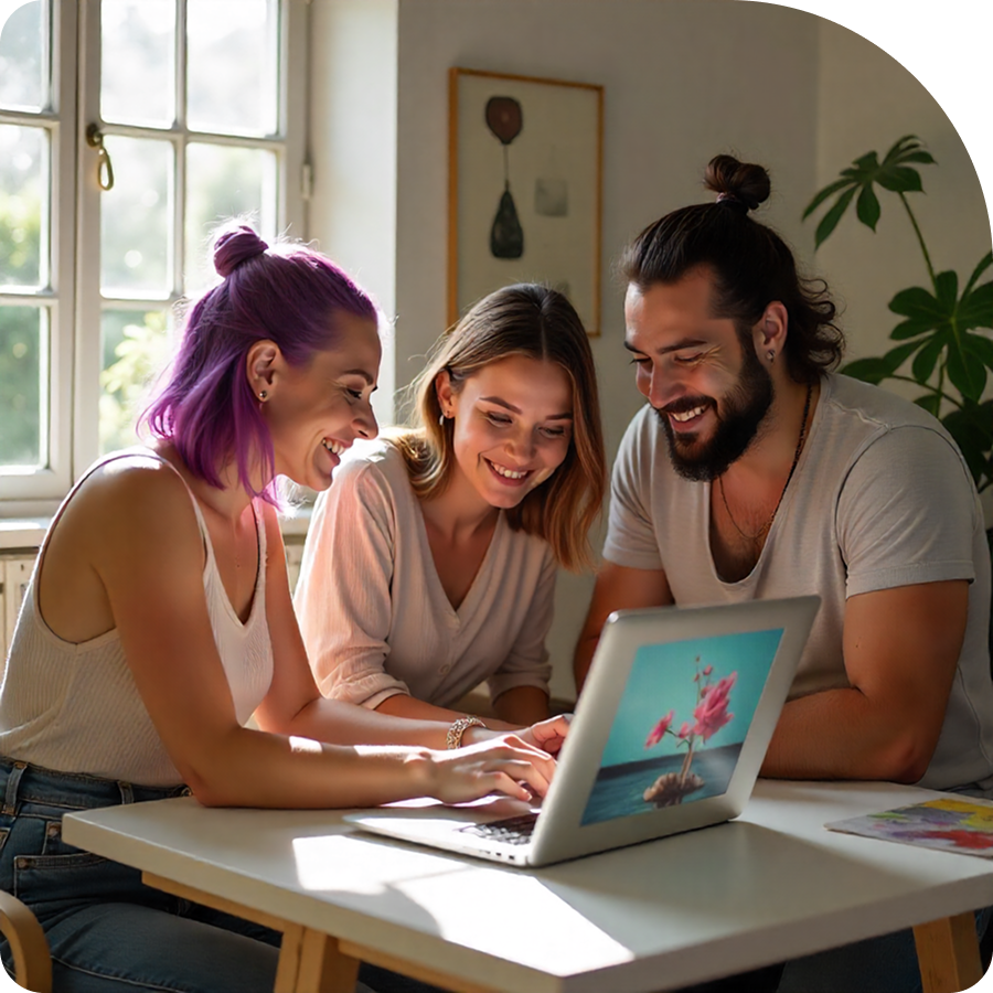 Three people looking at a laptop together in a bright room with plants.