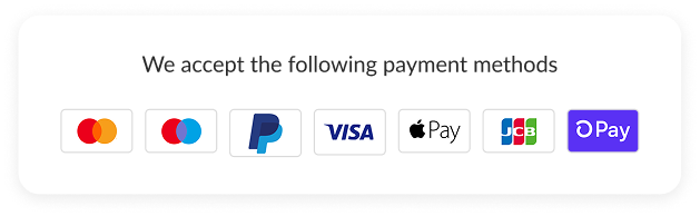 List of payment methods accepted on a website, including Mastercard, Visa, PayPal, and others.