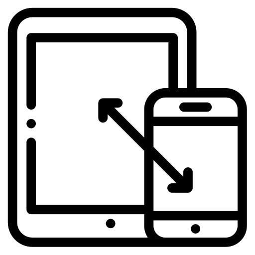 Black icon of a tablet and smartphone with a line connecting them, symbolizing connectivity or transfer.