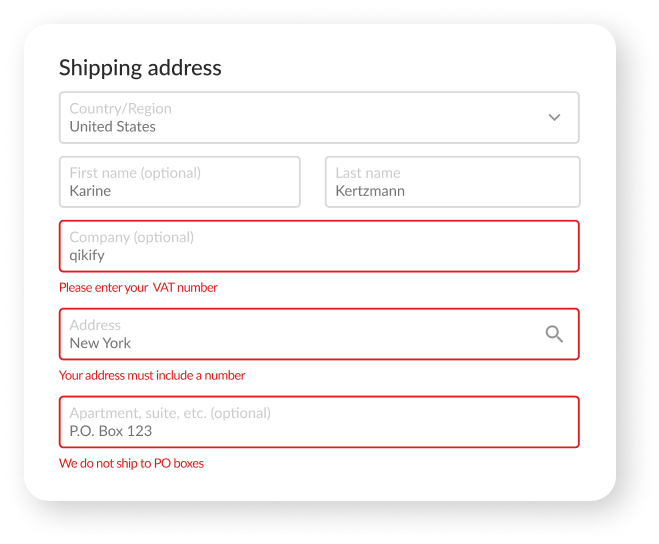 Shipping address form with fields for country, first name, last name, company, VAT number, address, apartment, and box number.