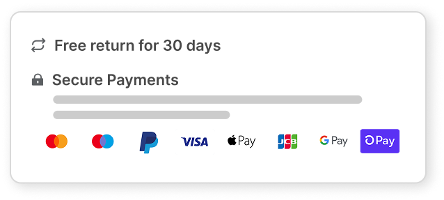 Icons of various payment methods on a white background with text about return policy and security.
